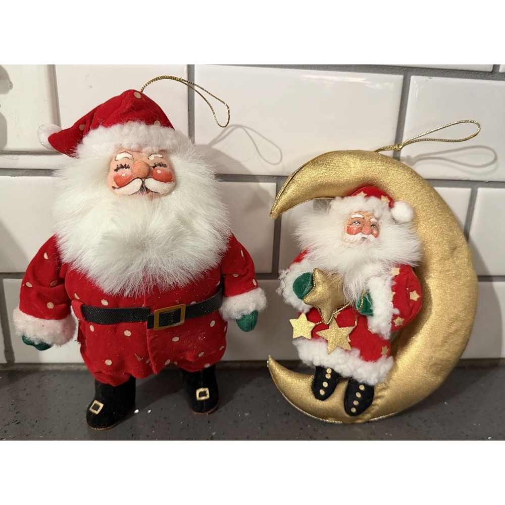 Plush Santa On Gold Moon Stars W/Painted Face Christmas Decor Figures Lot Of‎ 2